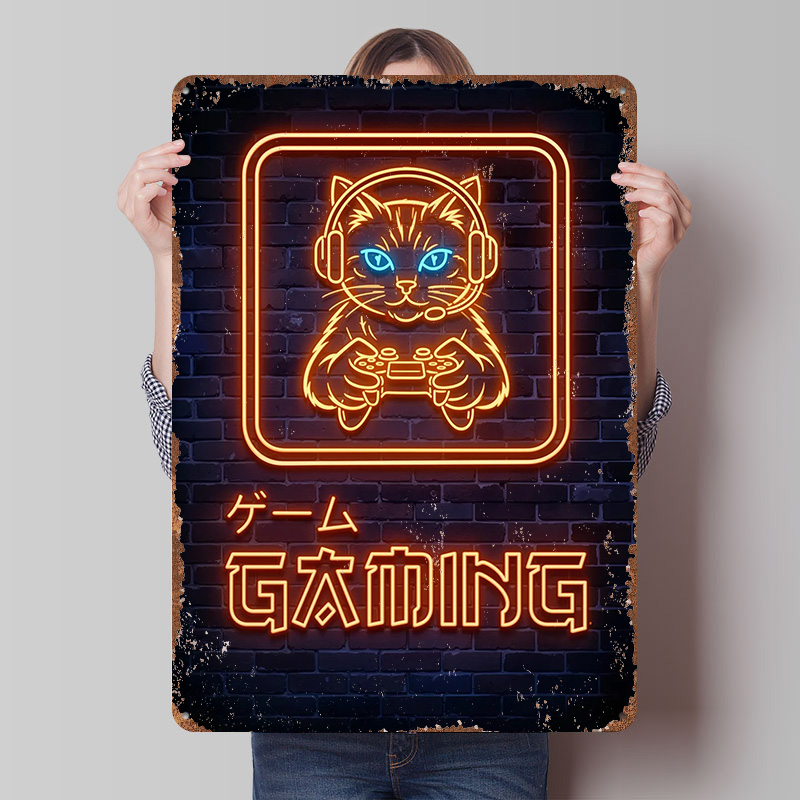 Retro Gaming At - لافتة معدنية مطبوعة بتصميم قطة ألعاب